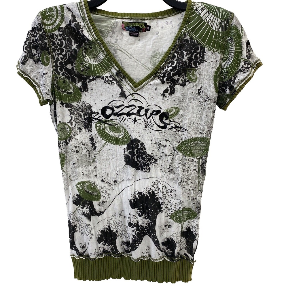 Azzure womens M top green white v-neck banded bottom waves parasol print Y2K